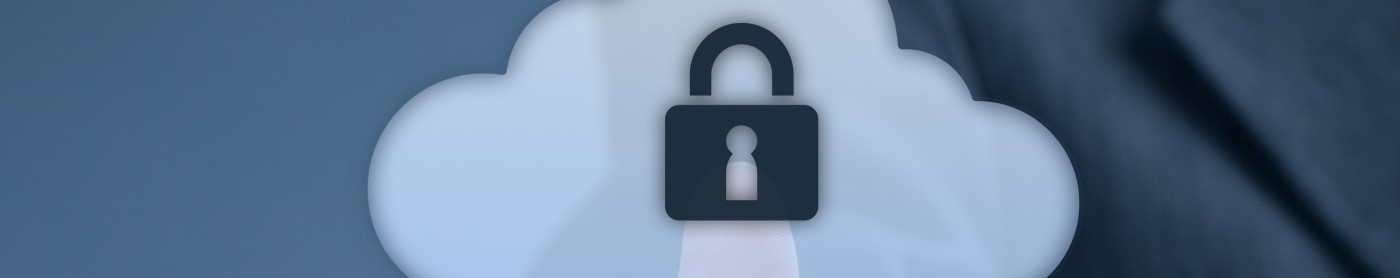 Cloud icon with a padlock in it, being pushed by a man in a suit.