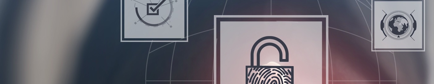 abstract symbols of padlocks, magnifying glasses, and icons in front of a blurry person.