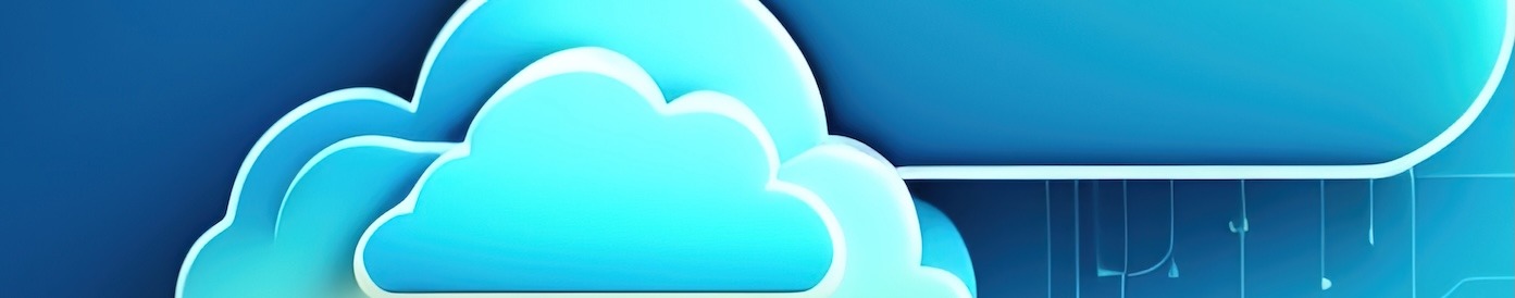 Abstract clouds on a blue field, connected with circuits