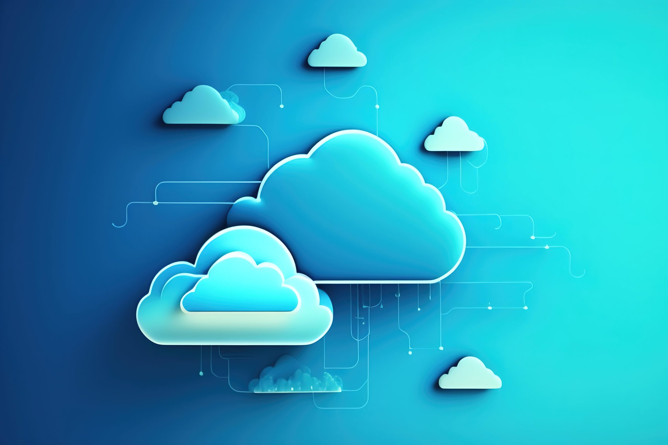 Abstract clouds on a blue field, connected with circuits