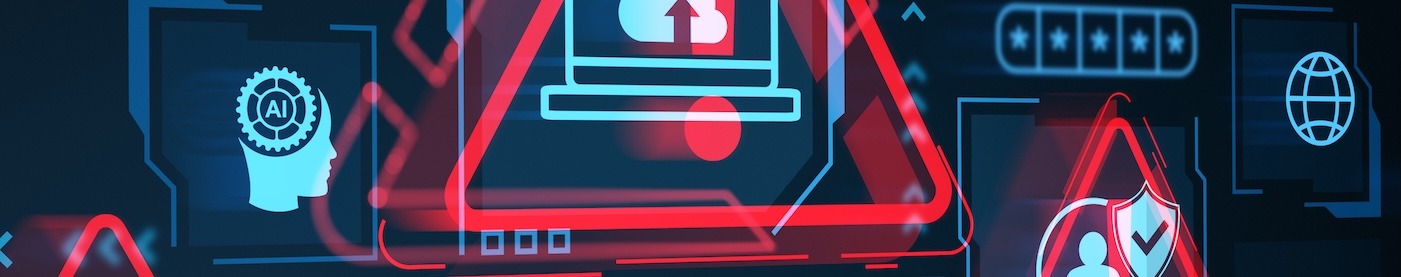 A collection of illistrations, red triangles and blue icons representing computers, wifi symbols, and dollar sign icons.