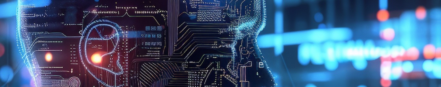 Digital head looking at a screen of text.