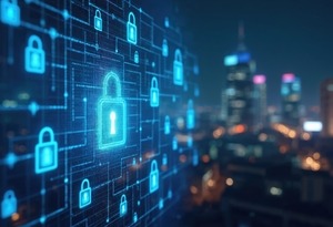 Blue padlocks on a field of conduits and glowing lines.