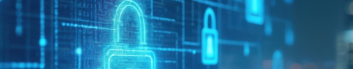 Blue padlocks on a field of conduits and glowing lines.