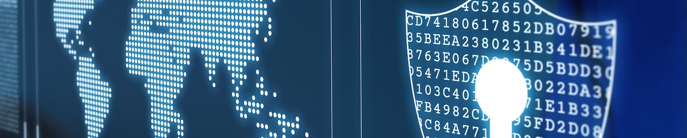 Hands typing on a laptop with digital symbols above them, primarily a glowing shield with a keyhole in it.