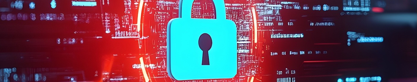 A blue digital lock in a red circle on an abstract digital landscape