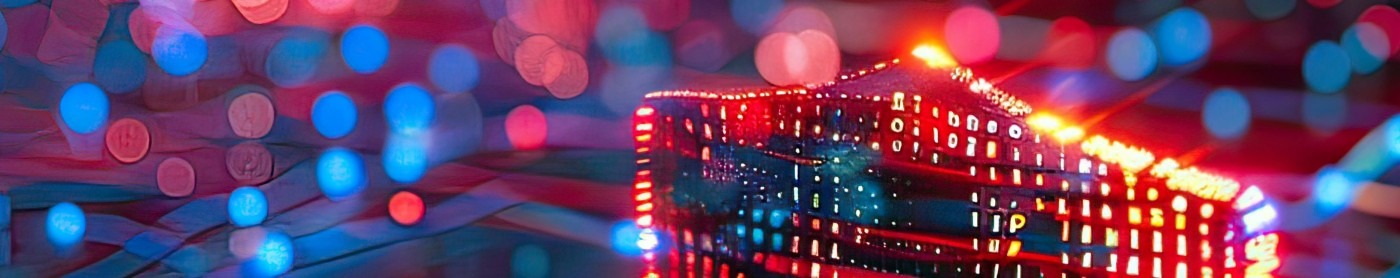An abstract landscape of blue and red lights imposed on a flat surface, with an abstract red shield floating above it.