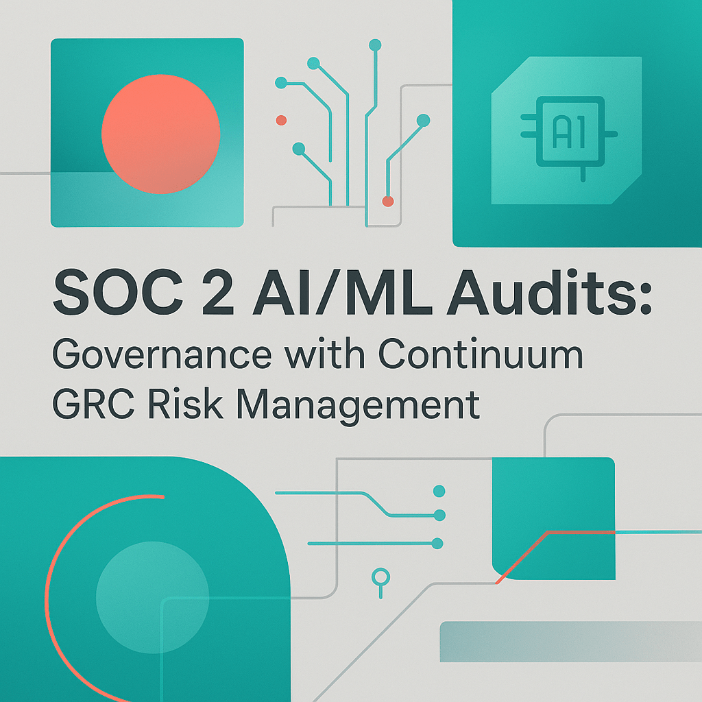 A clean, modern professional image featuring abstract geometric shapes and subtle tech elements representing AI governance and compliance. Primary color is teal green #33bf8c used for main shapes and gradients. Accent with coral red #ff553e for highlights and key lines. Secondary accent sky blue #52b1d9 for connecting elements and overlays. Use gray #999999 for neutral background tones and subtle dividers. Include bold, readable text overlay prominently displaying 'SOC 2 AI/ML Audits: Governance with Continuum GRC Risk Management'. Design must use only these exact colors with no others, maintaining visual harmony through soft gradients and balanced composition, 1024x1024 resolution.