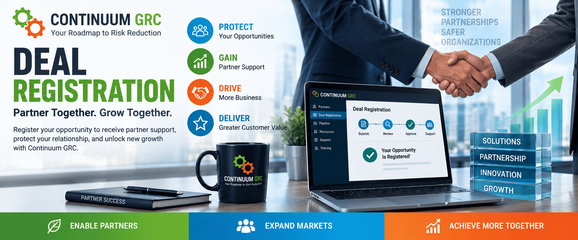 Continuum GRC Deal Registration partner program graphic illustrating opportunity protection, partner support, business growth, and customer value.
