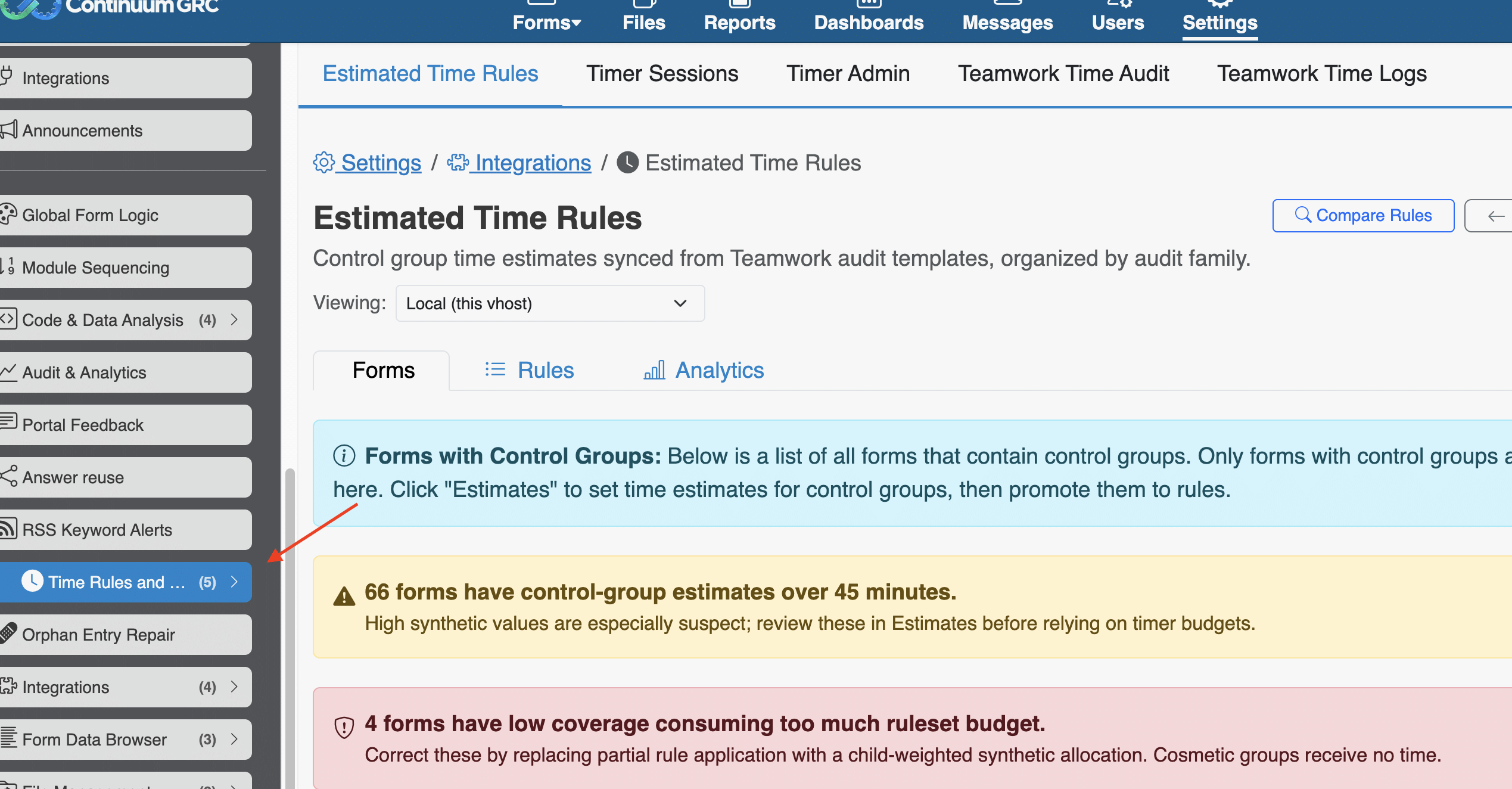 Screenshot of the Estimated Time Rules dashboard of the Continuum GRC ITAM Platform.
