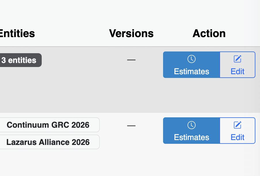Screenshot of the Continuum GRC ITAM Time Estimates table, focused on the Estimates and Edit buttons.